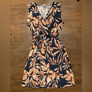 Banana Republic Faux Wrap Dress Medium Blue Orange Tan Leaf Tropical Floral